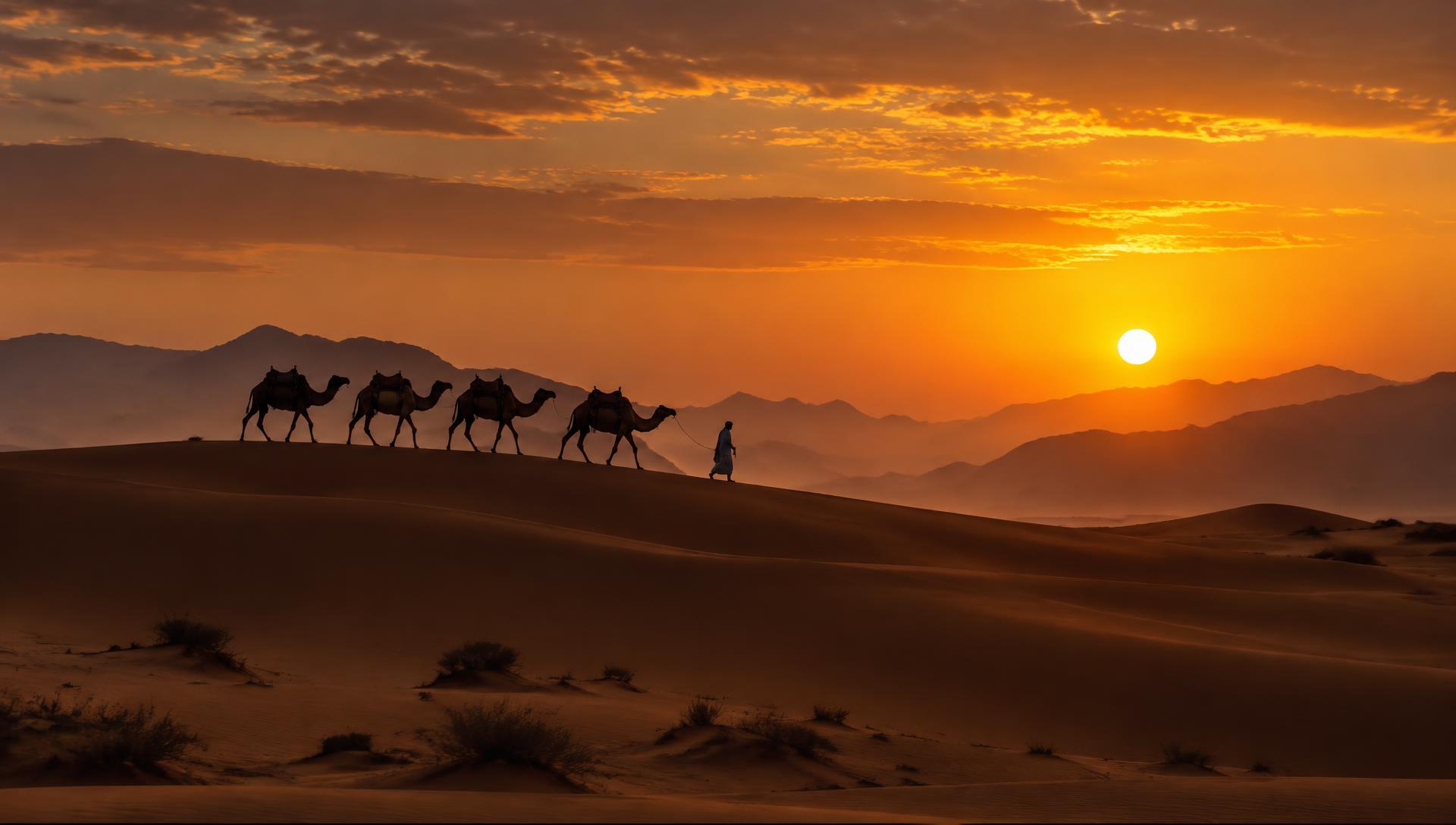 Camel caravan crossing Omani dunes at sunset
